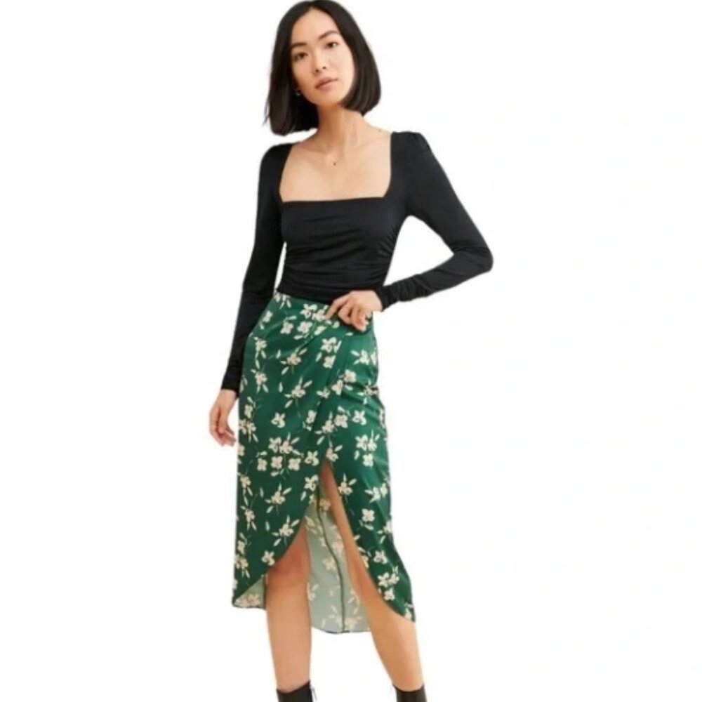 URBAN OUTFITTERS I Kelly Tulip Emerald Green Floral Satin Wrap Midi Skirt, M